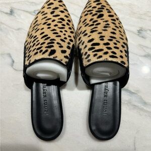 Jenni Kayne Black and Tan Pony Hair Mules Sleek Slip-On Design
